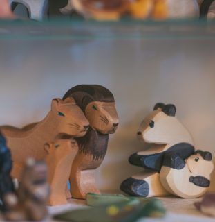 Nahaufnahme von Holztierfiguren im Regal – Material für Systemaufstellungen