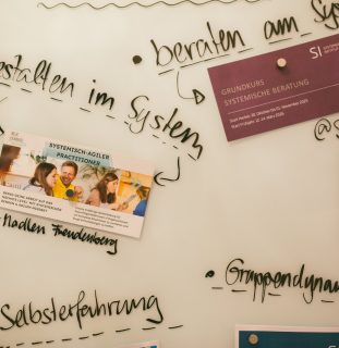 Whiteboard mit handschriftlichen Notizen: beraten am System, gestalten im System, Selbsterfahrung, Gruppendynamik